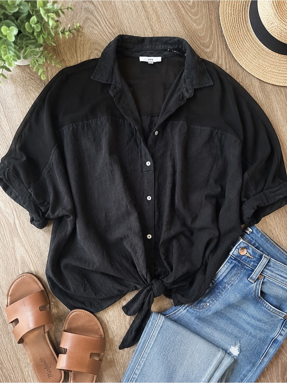 FATE Black Sheer & Tie Front Button-Up Blouse | Size Medium
